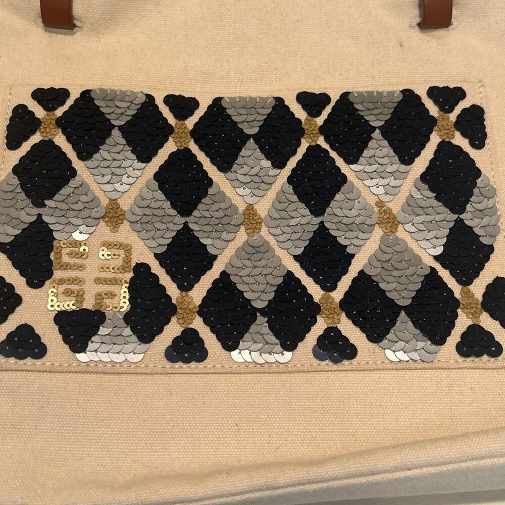 Givenchy Canvas Tote Bag Silver Gold Blue Sequin Dimond Panel Coastal Resortwear - Picture 3 of 16